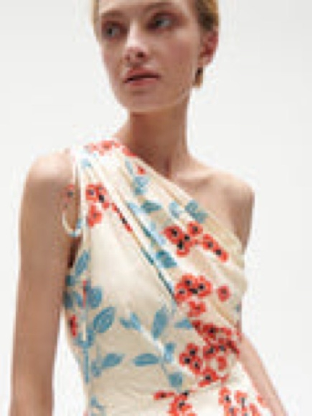 Floral One-Shoulder Women’s Top - Red & Blue on Cream